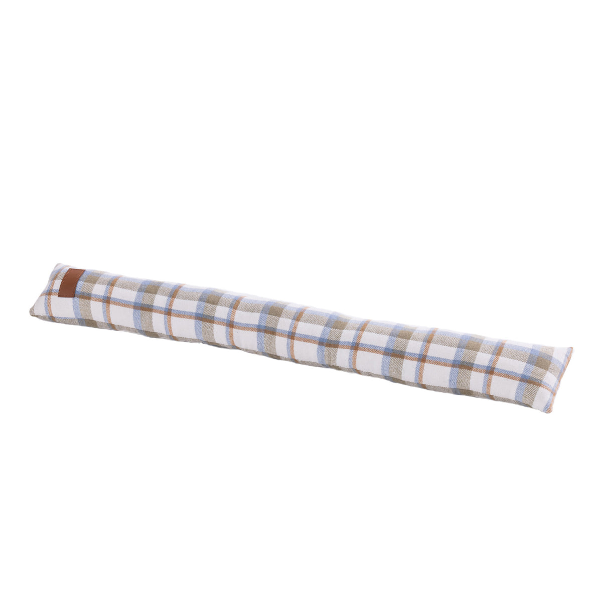 Blue and white checked draught stopper with taupe and tan accents and a brown faux leather tab.