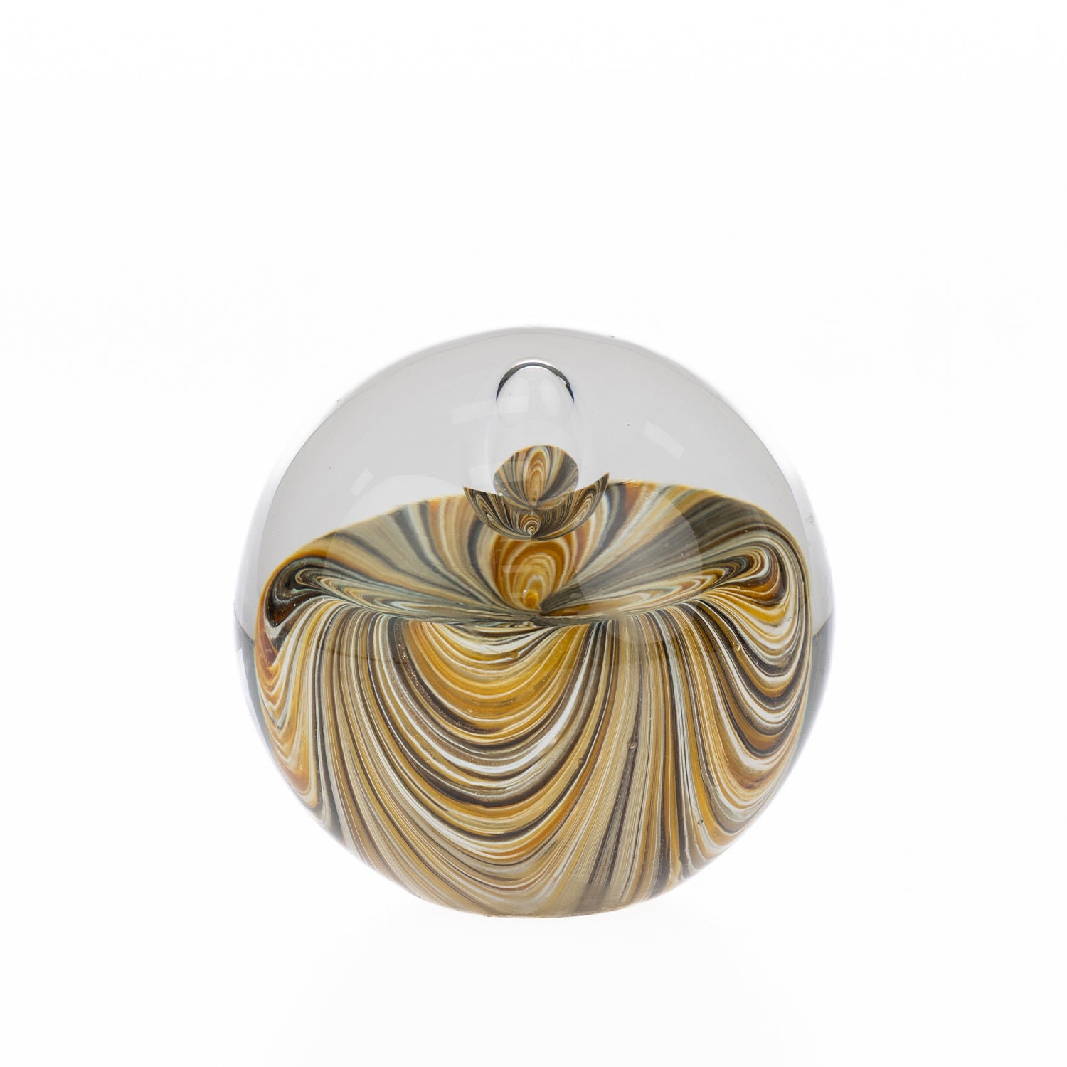 Large hand-crafted glass décor ball featuring an elegant swirled pattern in amber, smoke, and clear tones, designed to add depth, texture, and visual interest to shelves, consoles, and decorative displays.