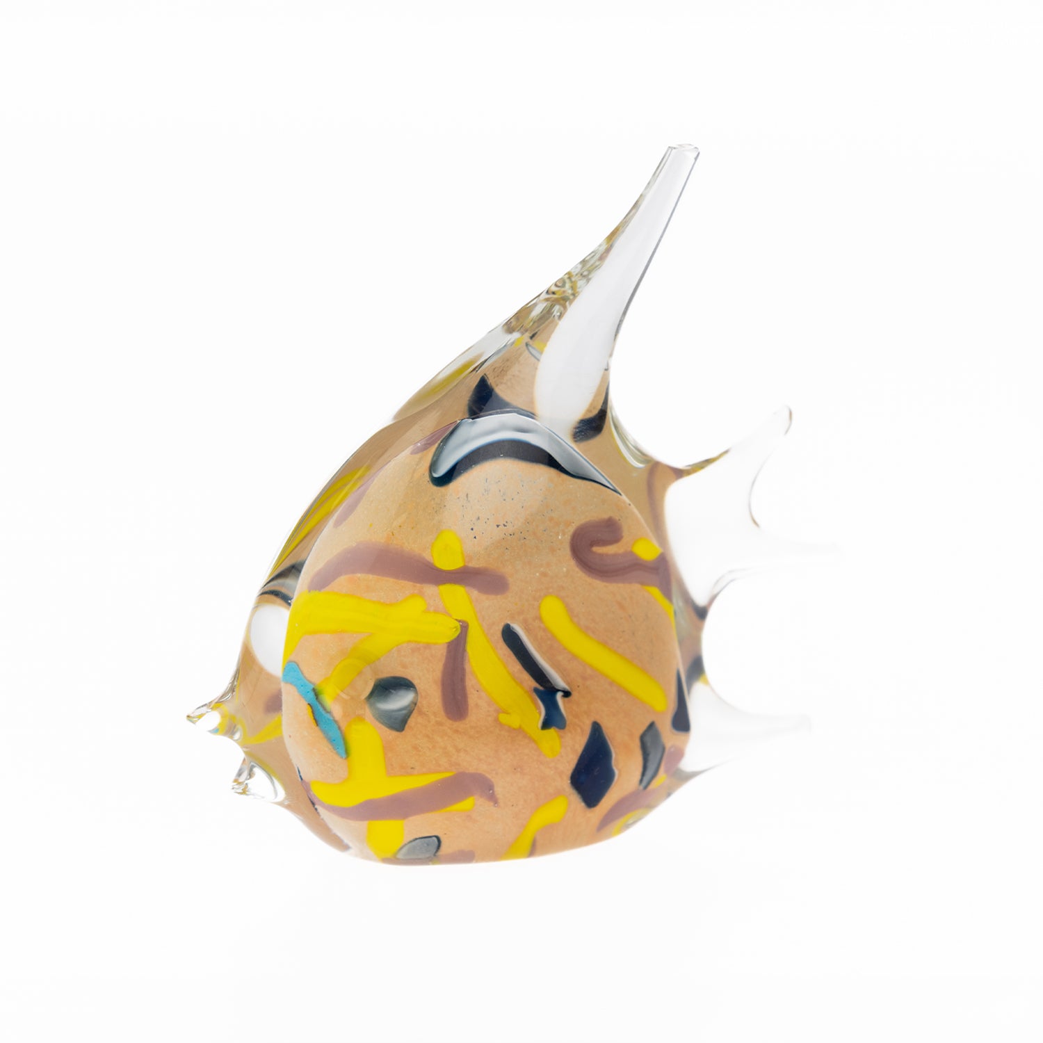Hand-blown glass fish ornament with a peach-toned body and colourful abstract accents.