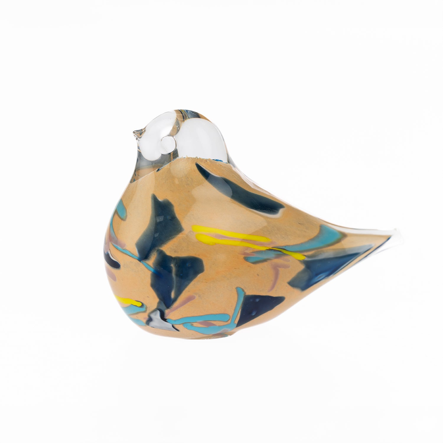 Decorative hand-blown glass bird featuring a peach-toned body with blue, grey and yellow abstract detailing.
