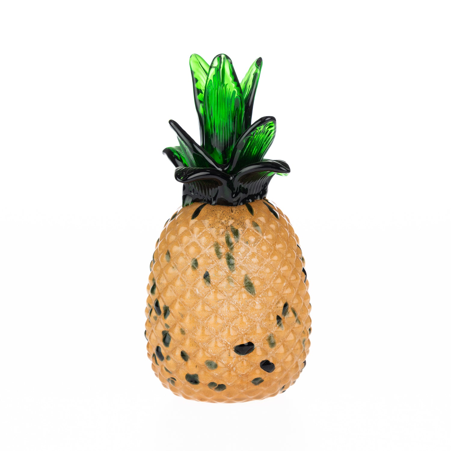 Large hand-blown glass pineapple décor with an amber textured body and dark green glass leaves.