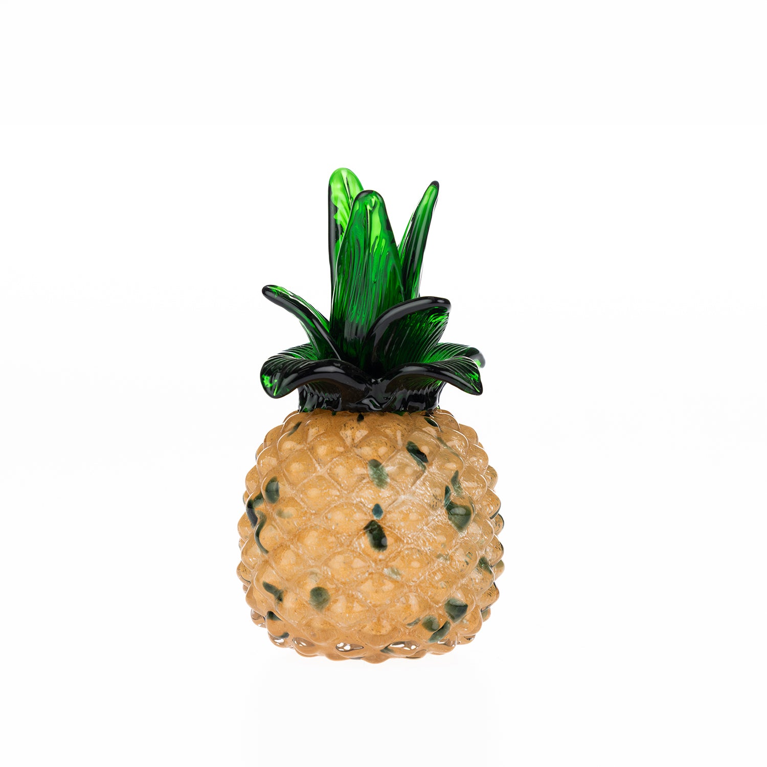 Small hand-crafted glass pineapple décor with a textured amber body and vibrant green leaves, designed to add a playful tropical accent to shelves, side tables, and display spaces.