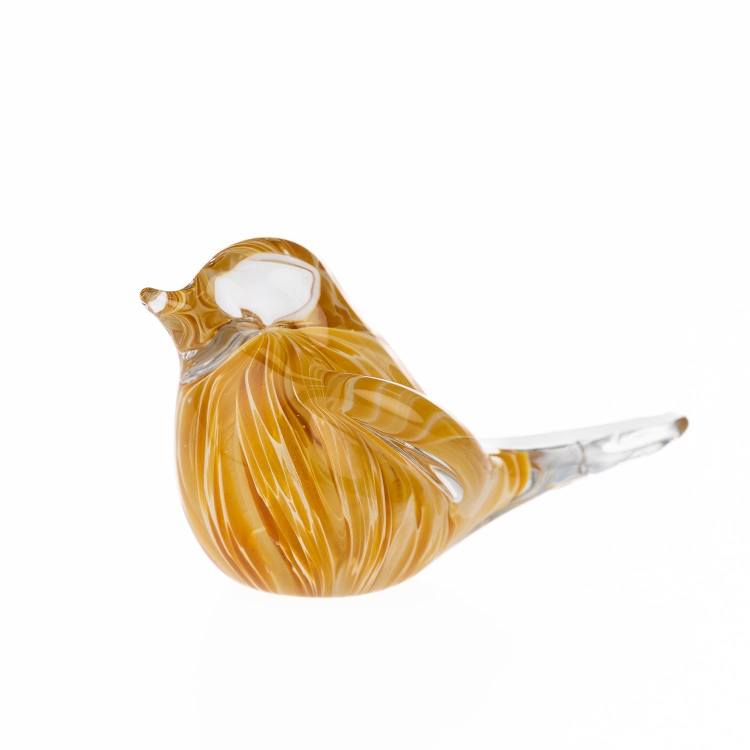 Amber and clear glass decorative bird figurine with a swirling hand-crafted finish, designed to bring warmth, colour, and artistic charm to shelves, consoles, and display spaces.