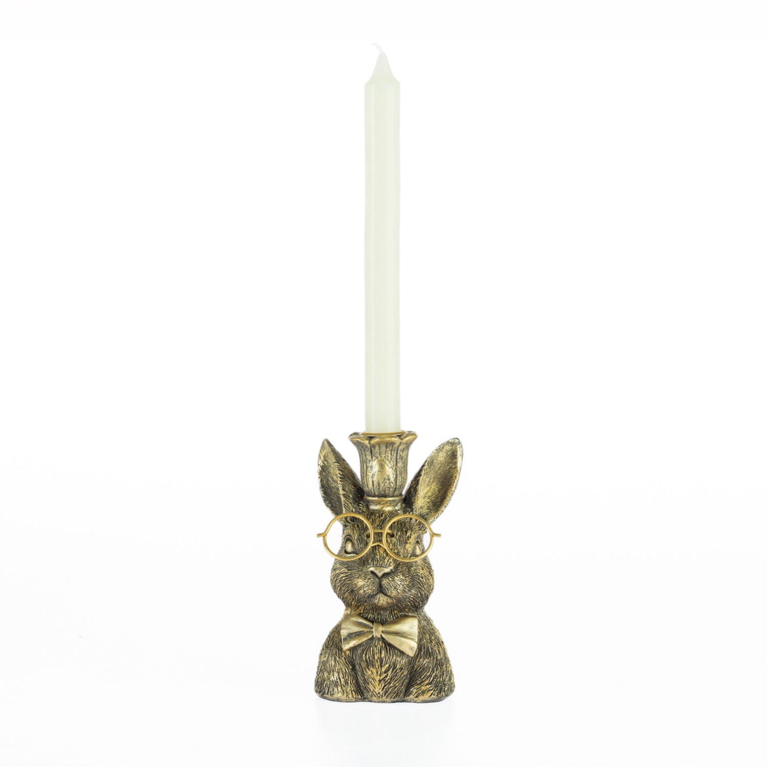 Decorative rabbit candleholder with gold glasses, bow tie, and crown holding a white tapered candle.