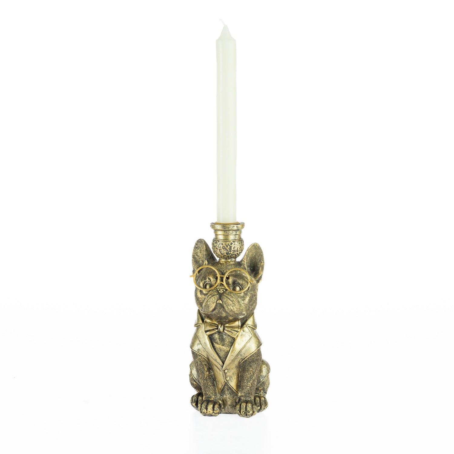 Decorative bulldog candleholder with gold-tone glasses holding a white tapered candle.
