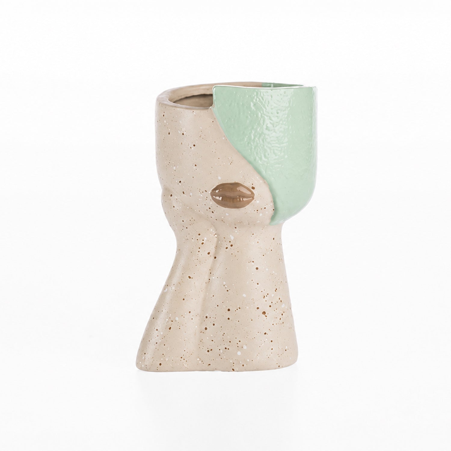 Speckled ceramic head vase with soft green glazed detail on a white background.