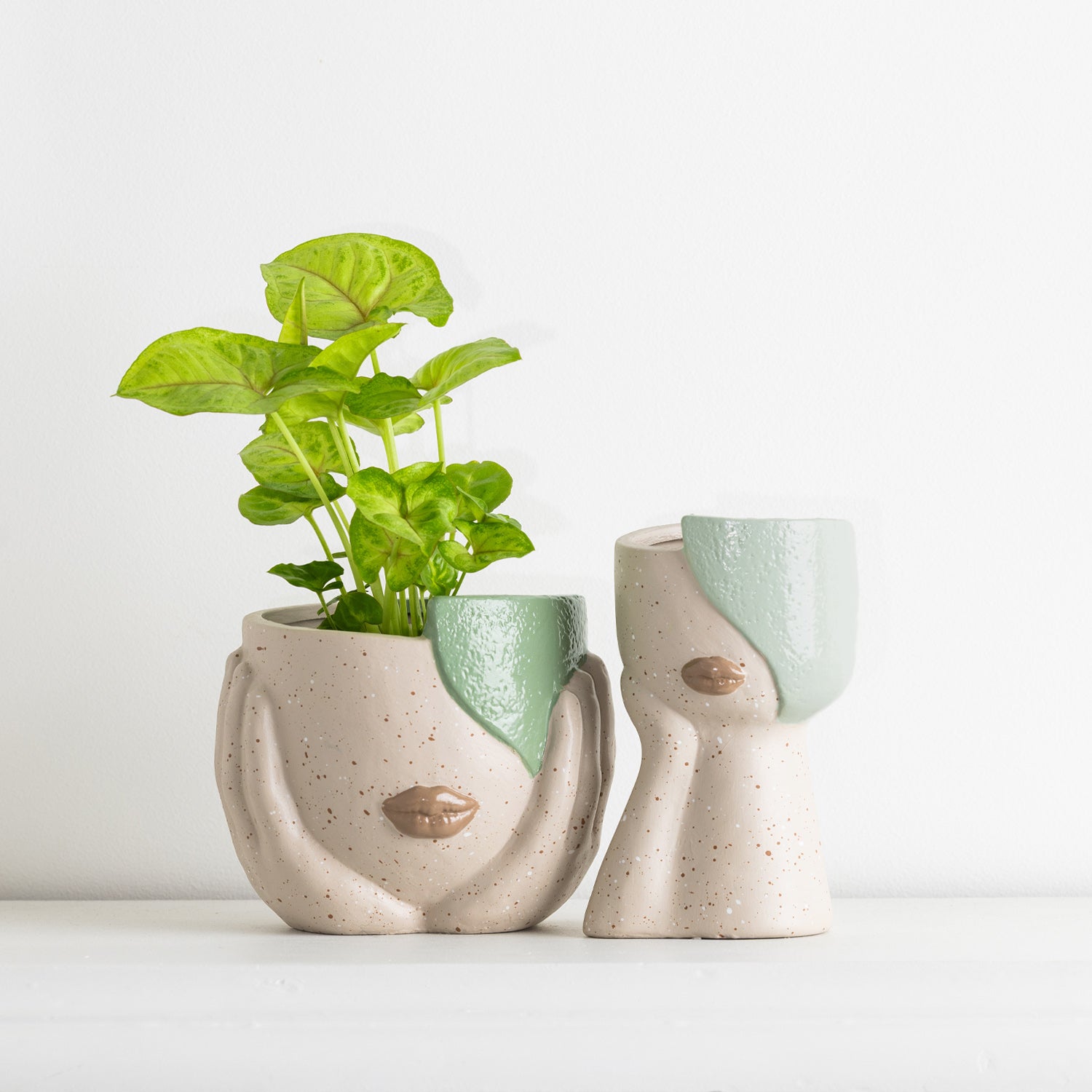 Abstract face planter with green plant and matching head vase on a white surface.
