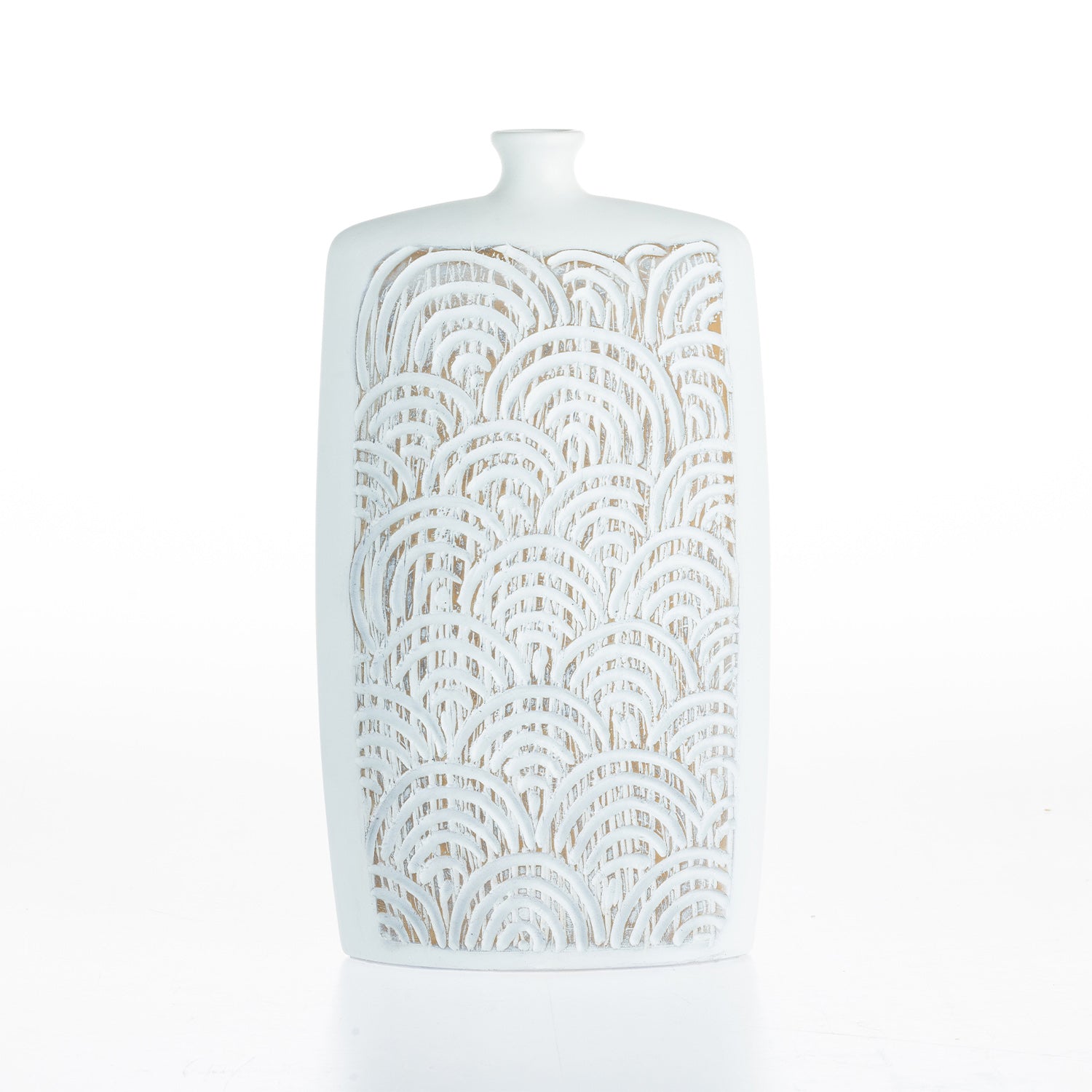 Cove Malaya Décor Urn Large in Brown/White, featuring a rectangular ceramic silhouette with a textured carved arch pattern and a distressed white finish.