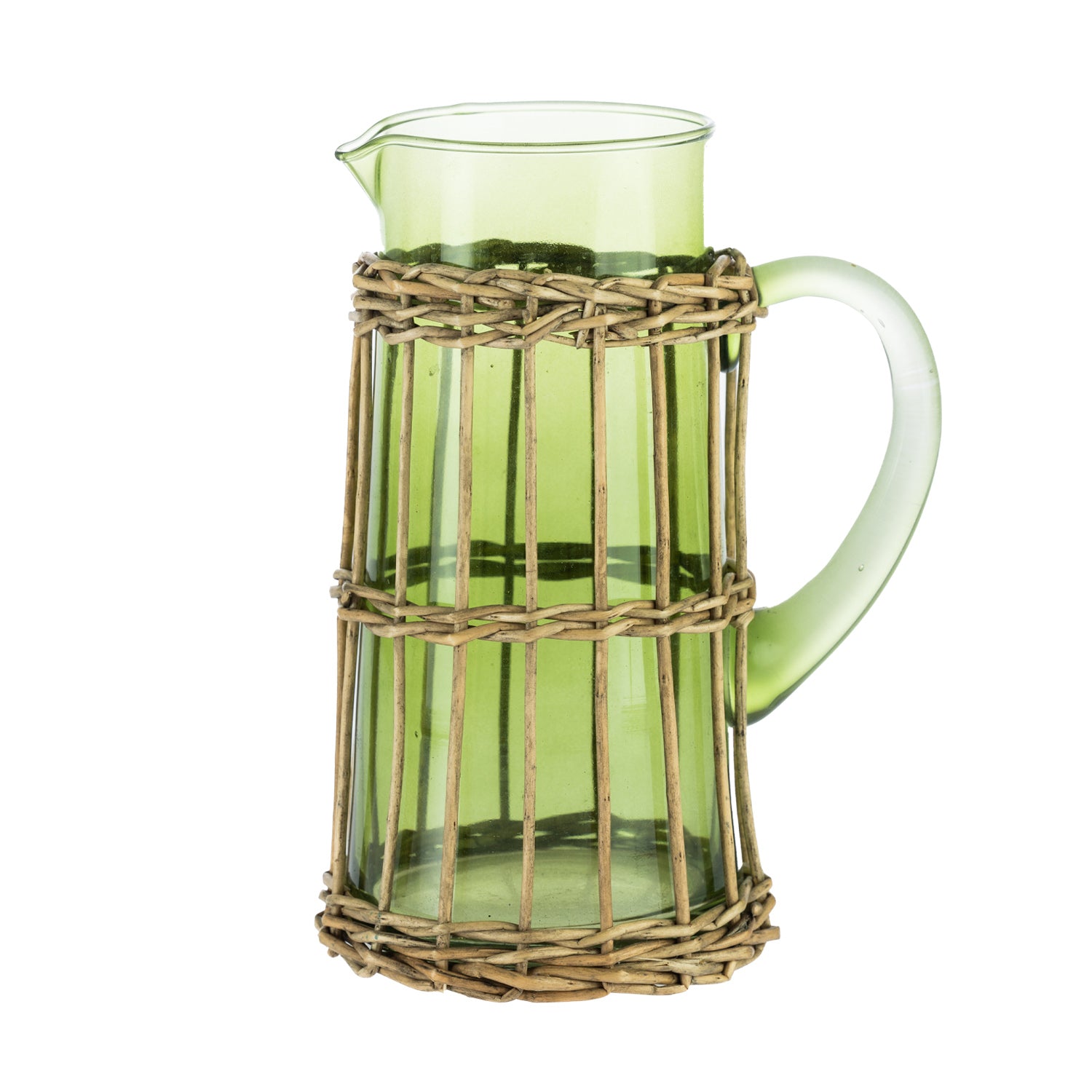 Design Republique Millie tall green glass pitcher with a curved handle, pouring spout and natural woven rattan-style wrap.