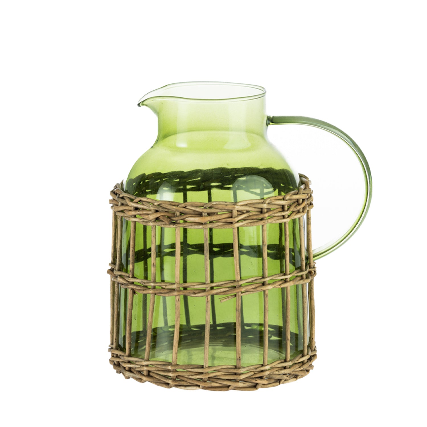 Design Republique Millie large green glass jug with a curved handle, pouring spout and woven rattan-style wrap around the base.