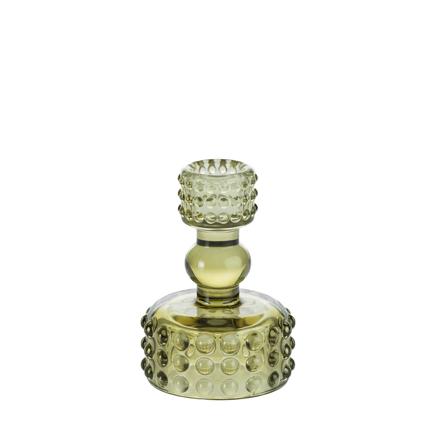 Light green glass candle holder with raised bubble detailing and a sculpted stem on a white background.