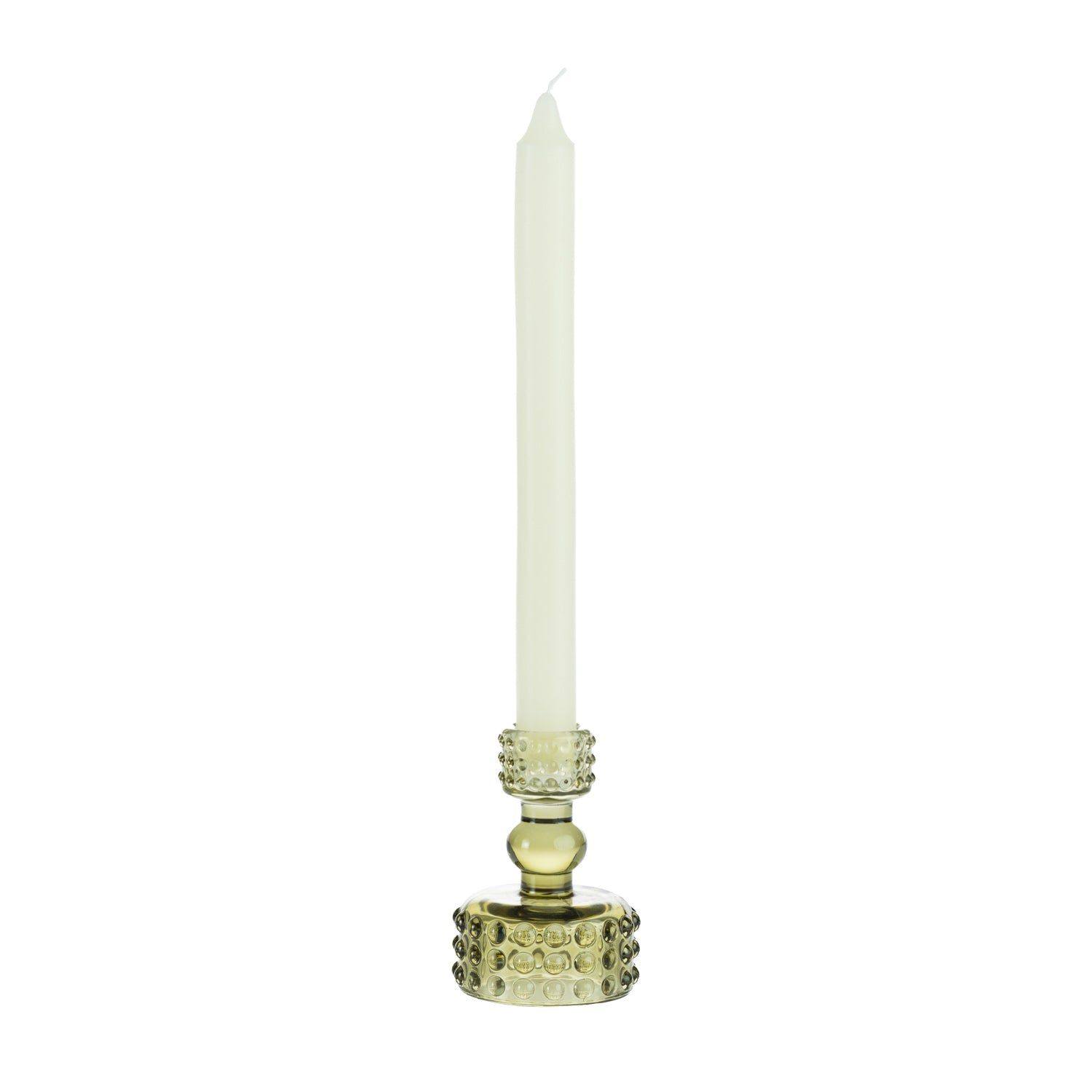 Light green glass candle holder with raised bubble detailing, holding a tall cream taper candle on a white background.
