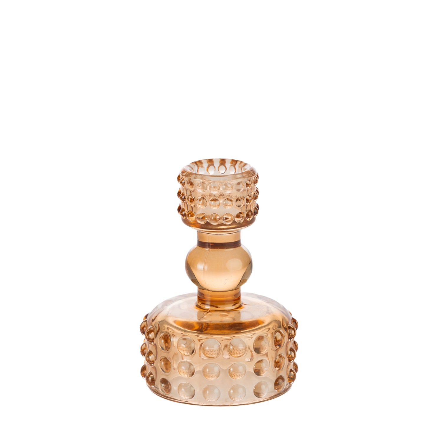 Amber glass candle holder with raised bubble detailing and a sculpted stem on a white background.