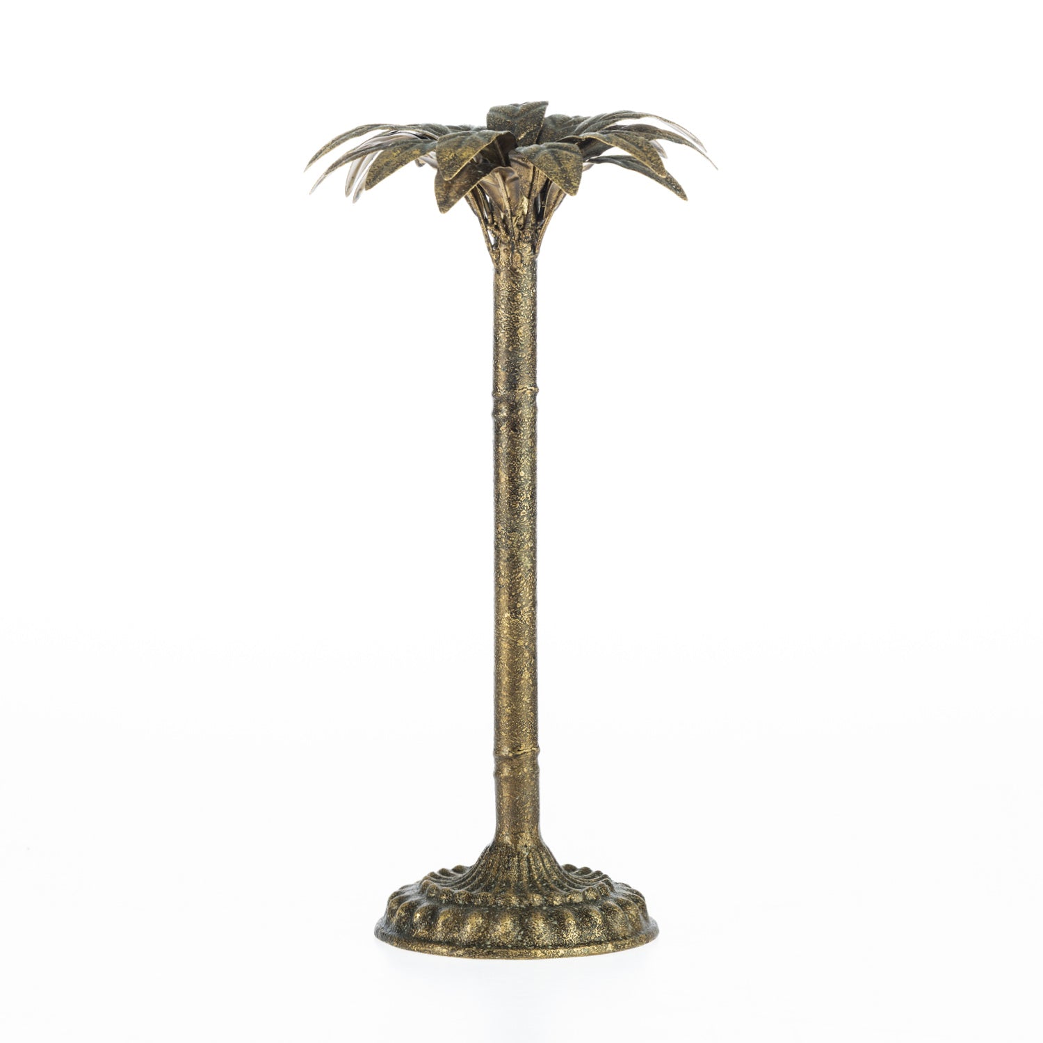 Gold palm tree candle holder with a tall textured stem, round decorative base, and leaf-shaped top on a white background.