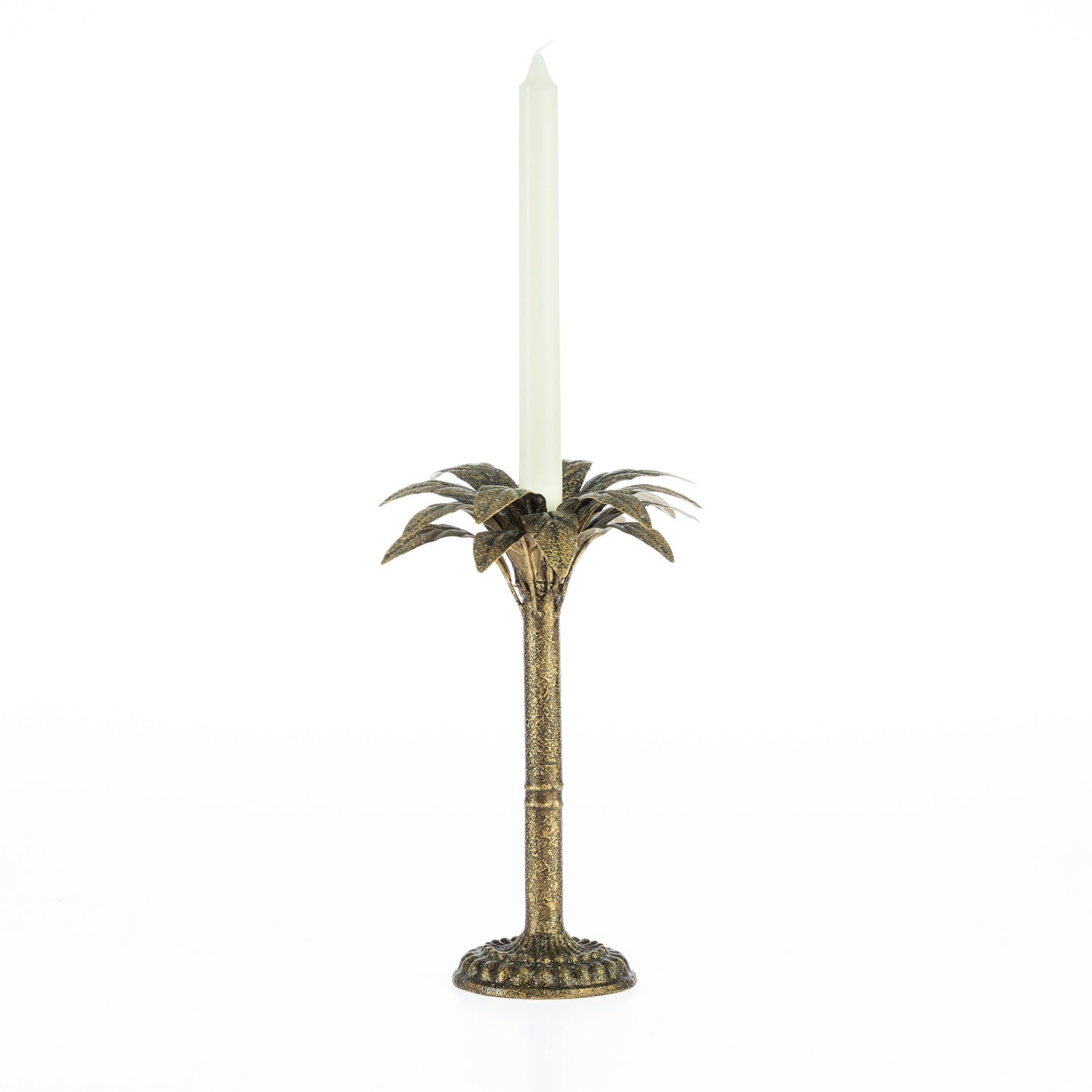 Pewter palm tree candle holder with a tall ivory tapered candle on a white background.