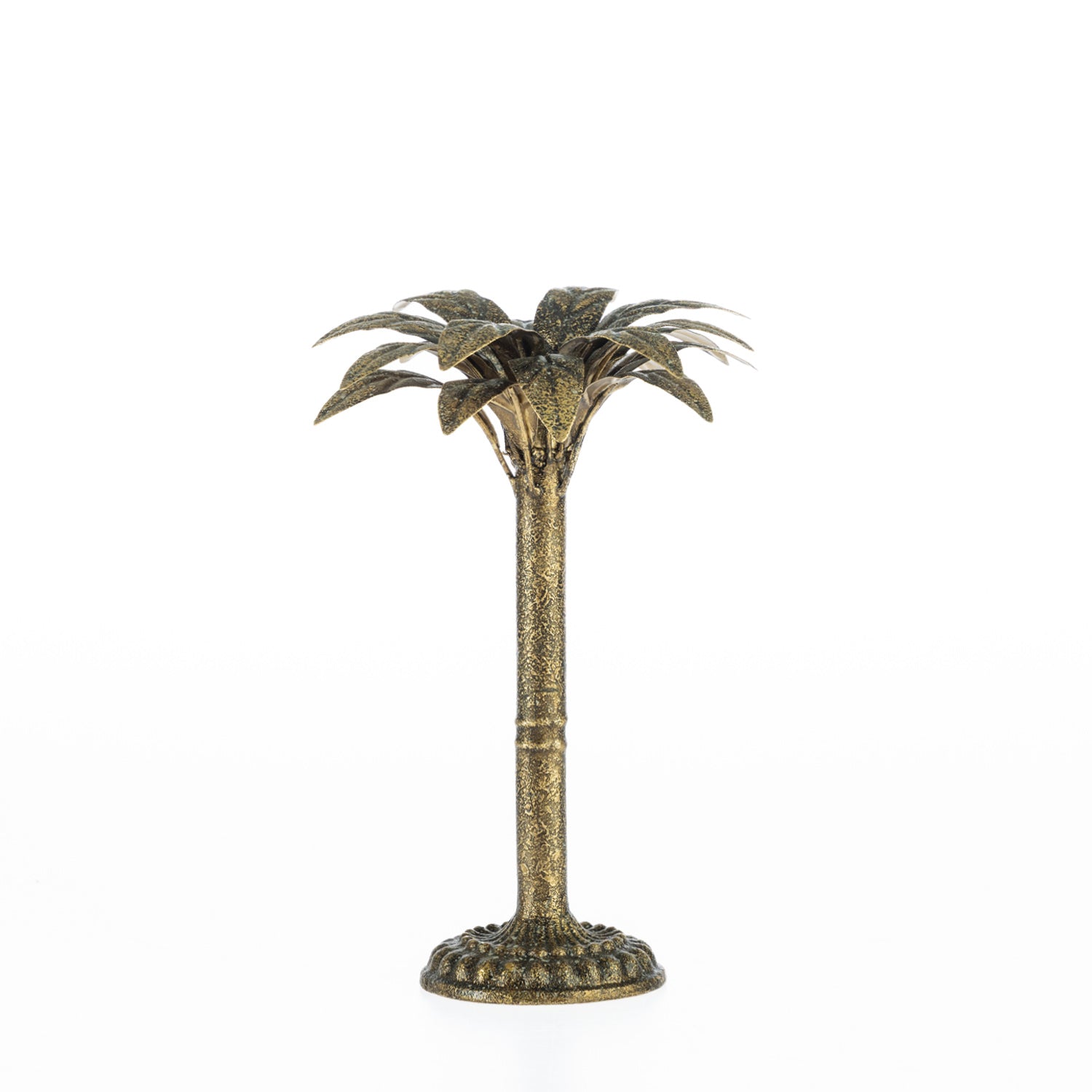 Gold palm tree candle holder with a tall textured stem, round decorative base, and leaf-shaped top on a white background.