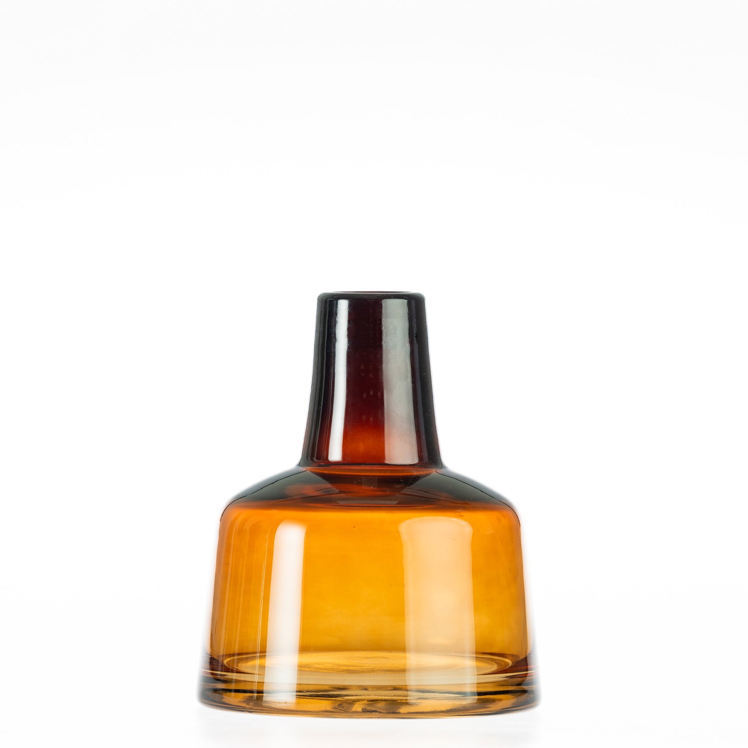 Amber glass vase with a short neck on a white background.