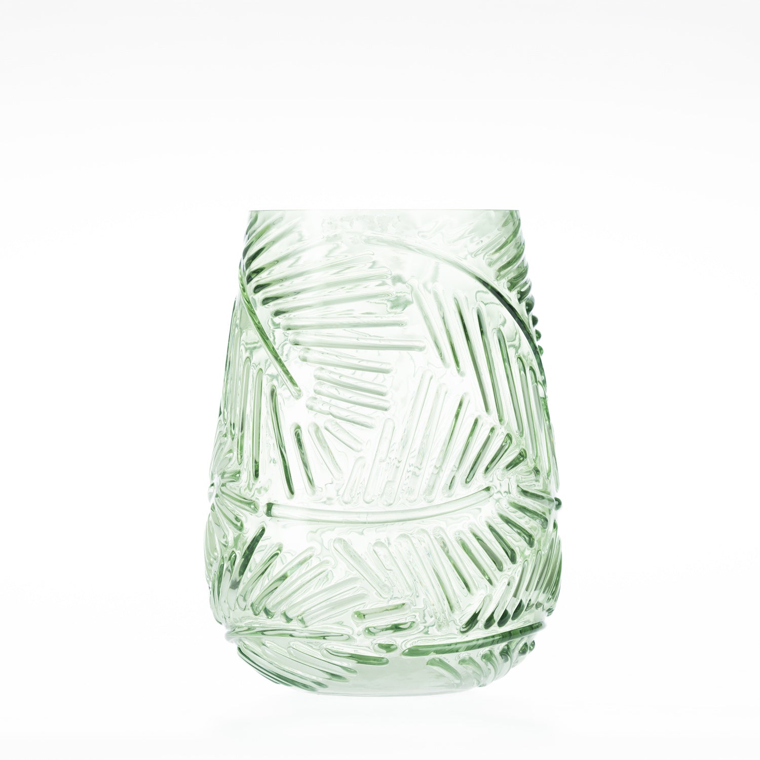 Green etched glass vase with a leaf-style textured pattern on a white background.