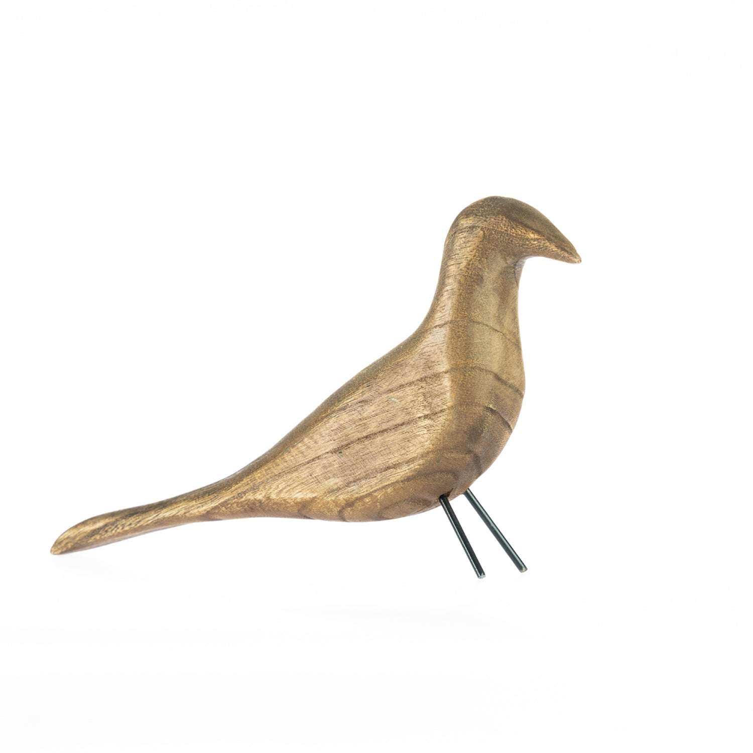 Brown decorative bird ornament with black metal legs on a white background