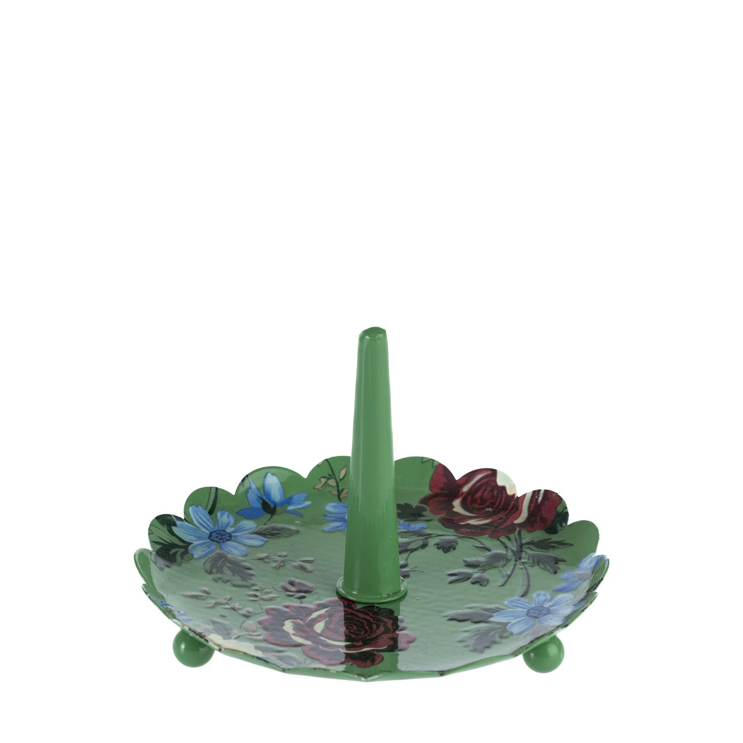 Green floral trinket tray with a central ring holder and scalloped edge on a white background.