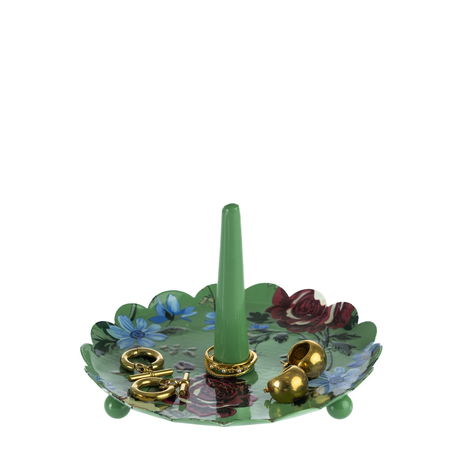 Green floral trinket tray with gold jewellery displayed around the central ring holder on a white background.