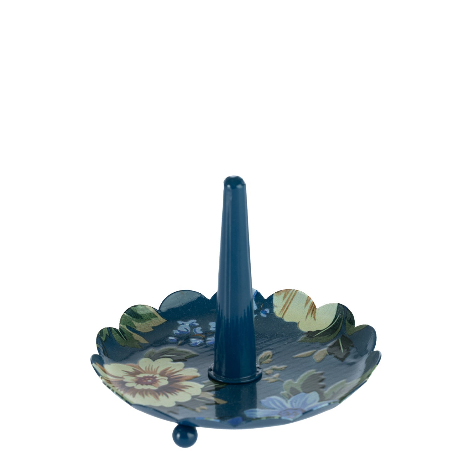 Blue floral trinket tray with a central ring holder and scalloped edge on a white background.