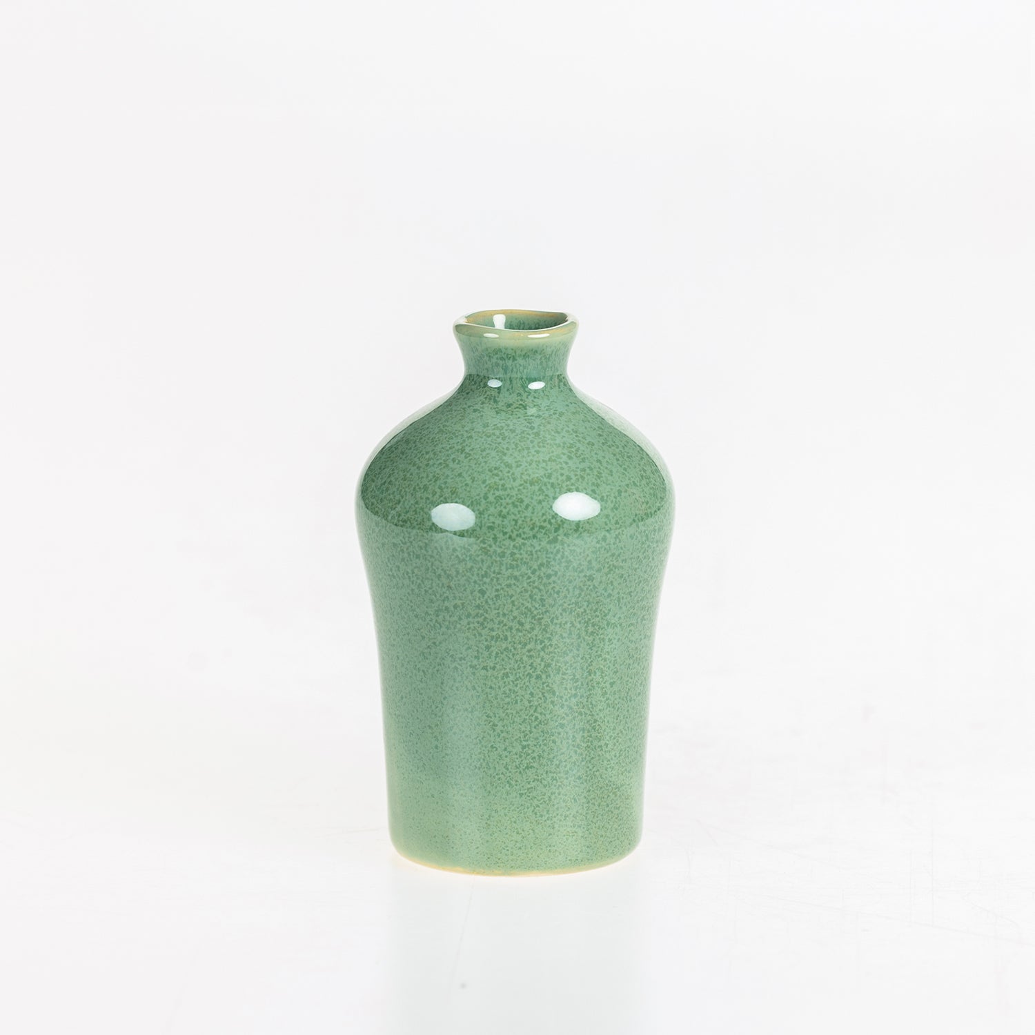 Tall glossy green ceramic vase with a rounded shoulder and narrow neck displayed on a white background.