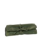 Grace & Gild Victoria Fold Up Jewellery Bag in Olive, neatly rolled and secured with a tie closure for compact storage.