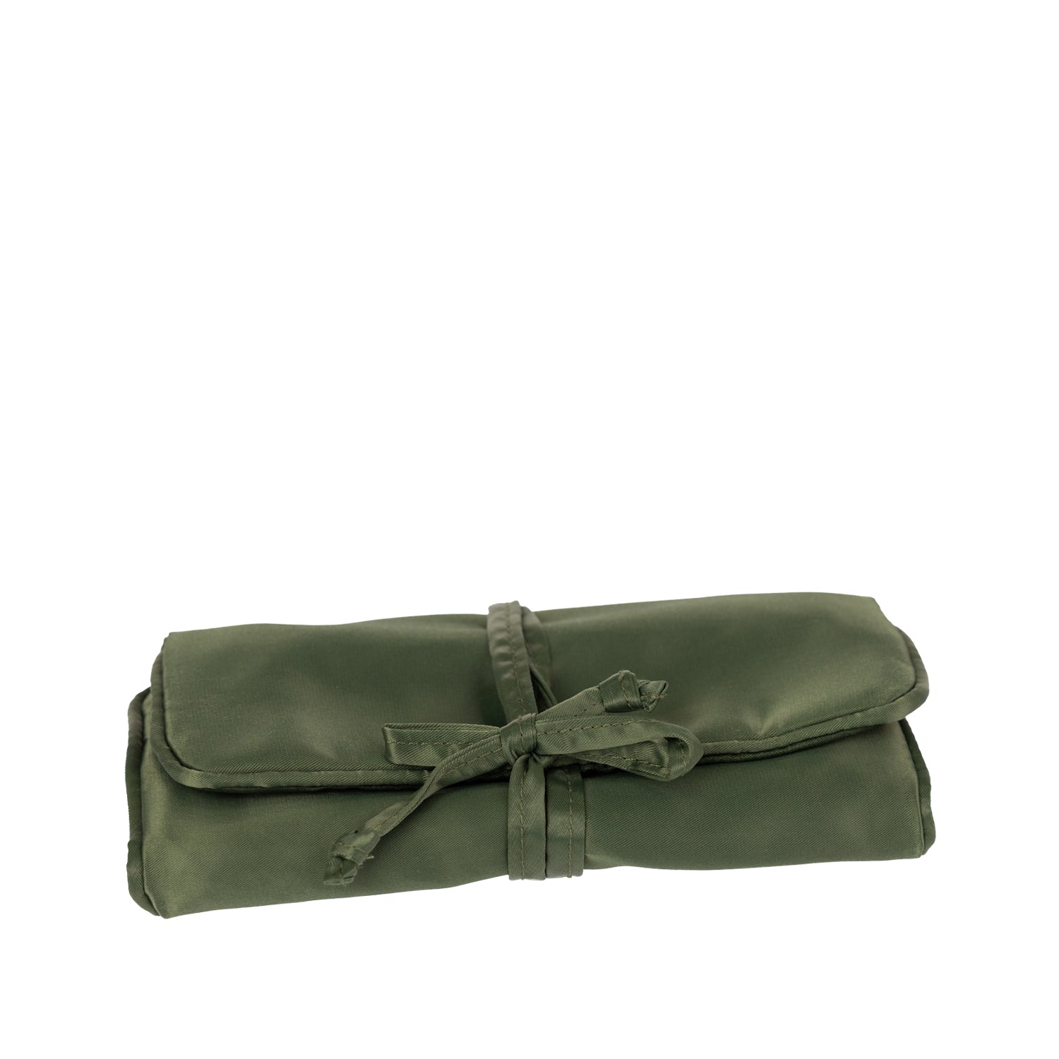 Grace & Gild Victoria Fold Up Jewellery Bag in Olive, neatly rolled and secured with a tie closure for compact storage.