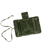 Grace & Gild Victoria Fold Up Jewellery Bag in Olive shown open with jewellery storage sections, zipped compartments, ring storage and earring holders.