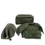 Grace & Gild Victoria Beauty Range in Olive, featuring the Hair Tool Storage Bag, Bow Make Up Bag, Fold Up Jewellery Bag and Open Flat Make Up Bag.