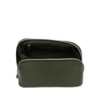 Grace & Gild Victoria Open Flat Make Up Bag in Olive shown open to display the roomy interior and internal zipped pocket.