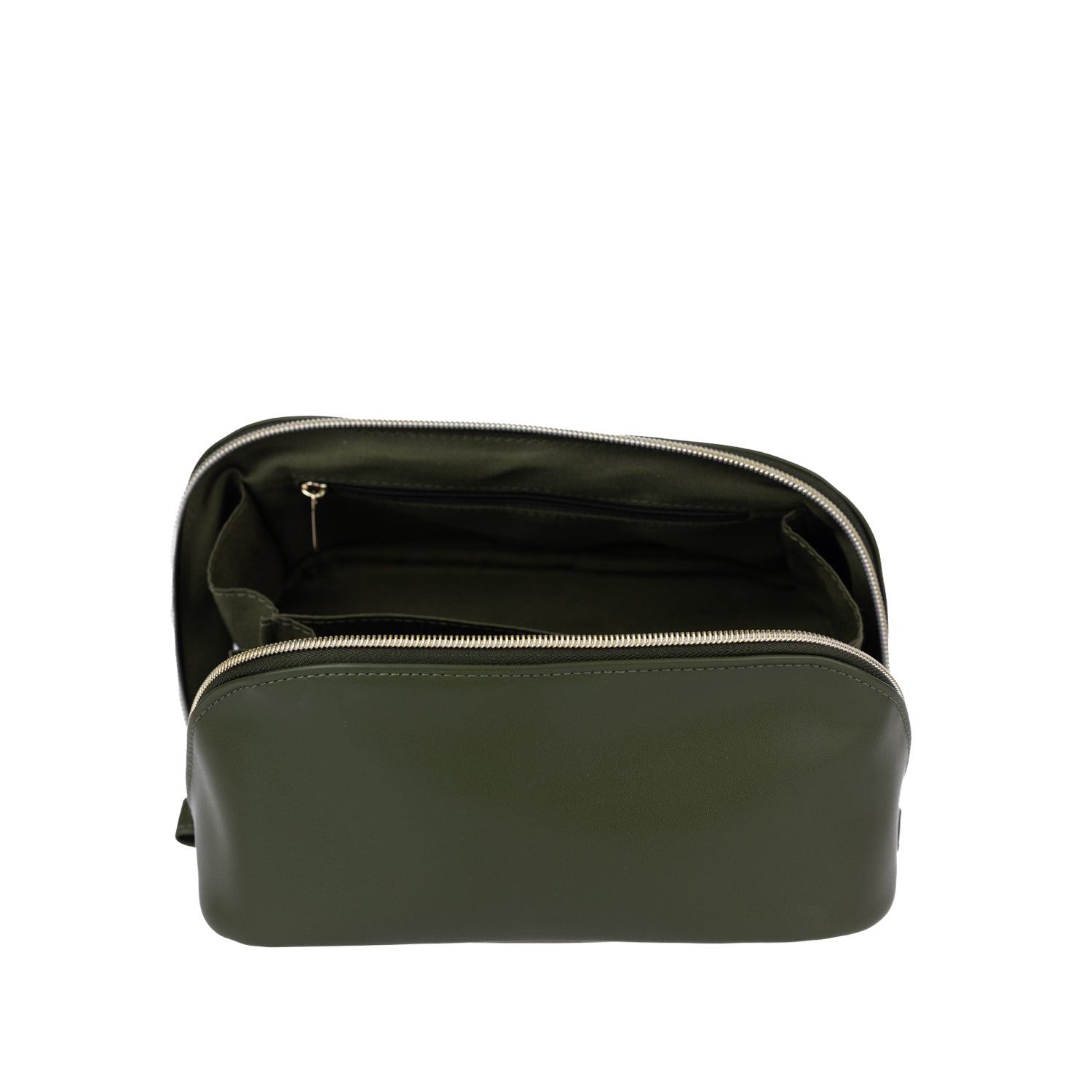 Grace & Gild Victoria Open Flat Make Up Bag in Olive shown open to display the roomy interior and internal zipped pocket.