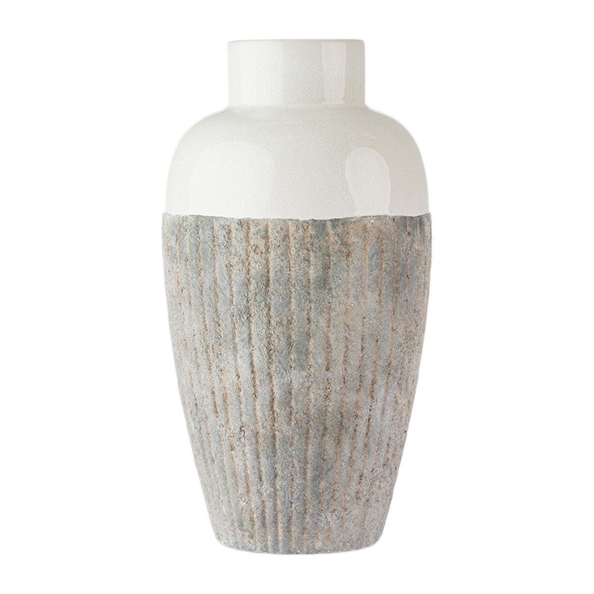 Cove Creole Ceramic Vase Natural Large with a glossy cream upper finish and tall textured ribbed natural grey base.