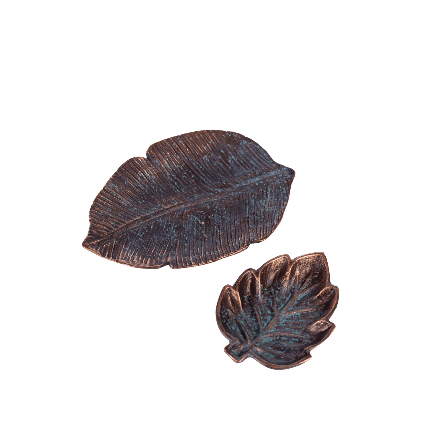 Design Republique Haven Maple Leaf Trinket Tray in Bronze, featuring a sculpted maple leaf shape with detailed veining and blue-green patina-style accents.