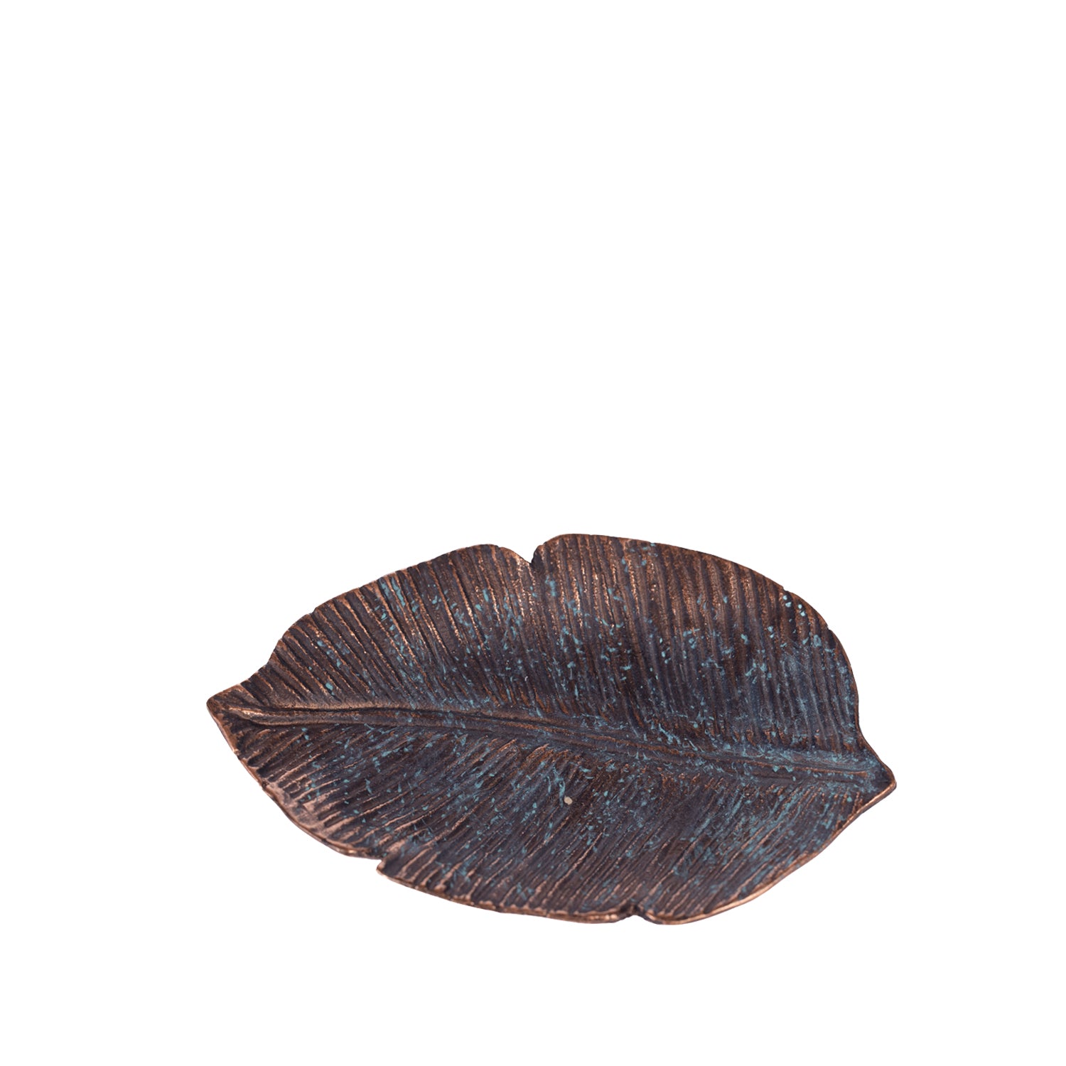 Design Republique Haven Leaf Trinket Tray in Bronze, featuring an elongated leaf shape with detailed veining and blue-green patina-style accents.