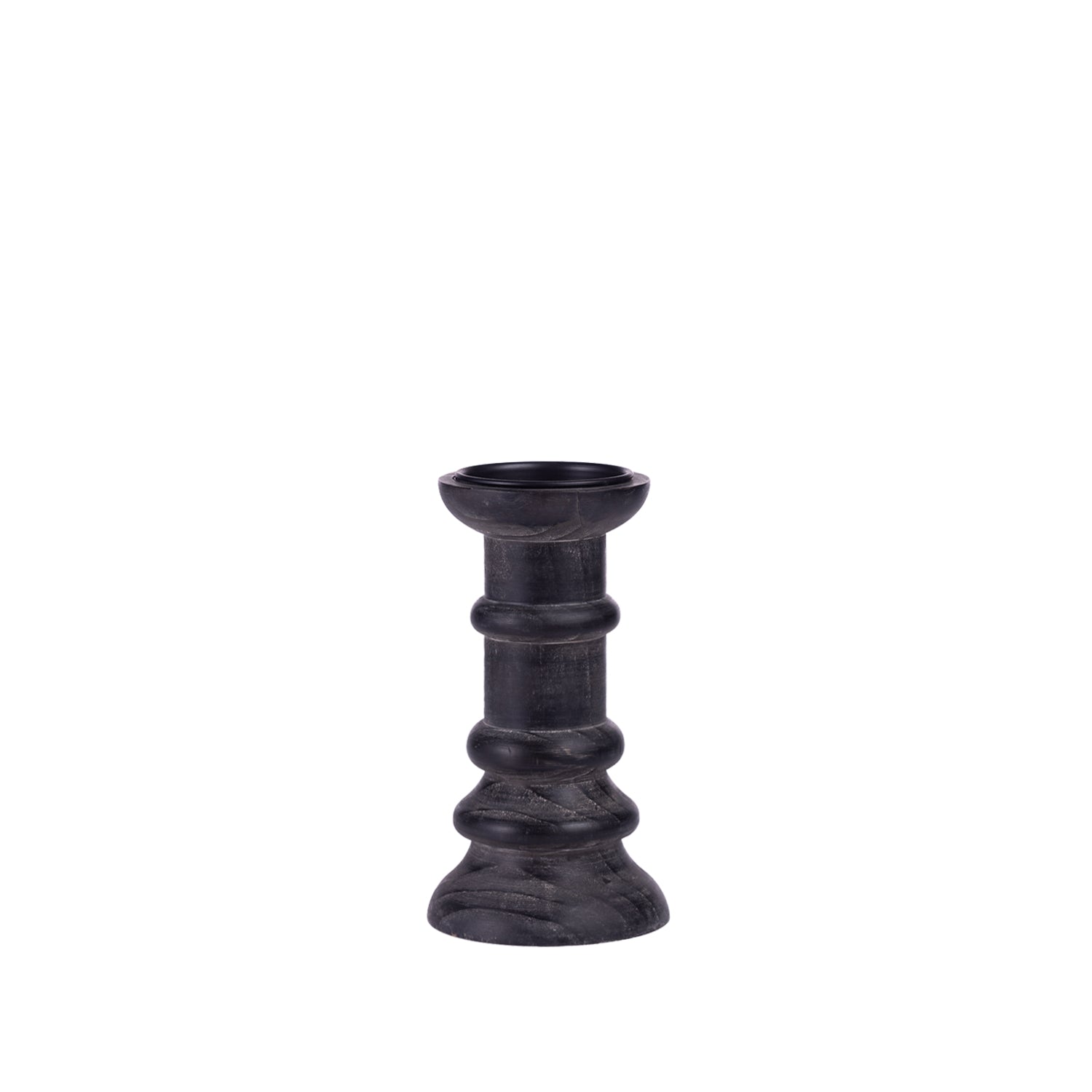 Design Republique Haven Candleholder in Ebony, featuring a turned wood-inspired silhouette with a dark finish and rounded base.