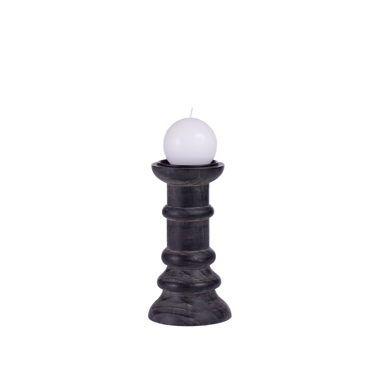 Design Republique Haven Candleholder in Ebony, shown holding a white spherical candle.