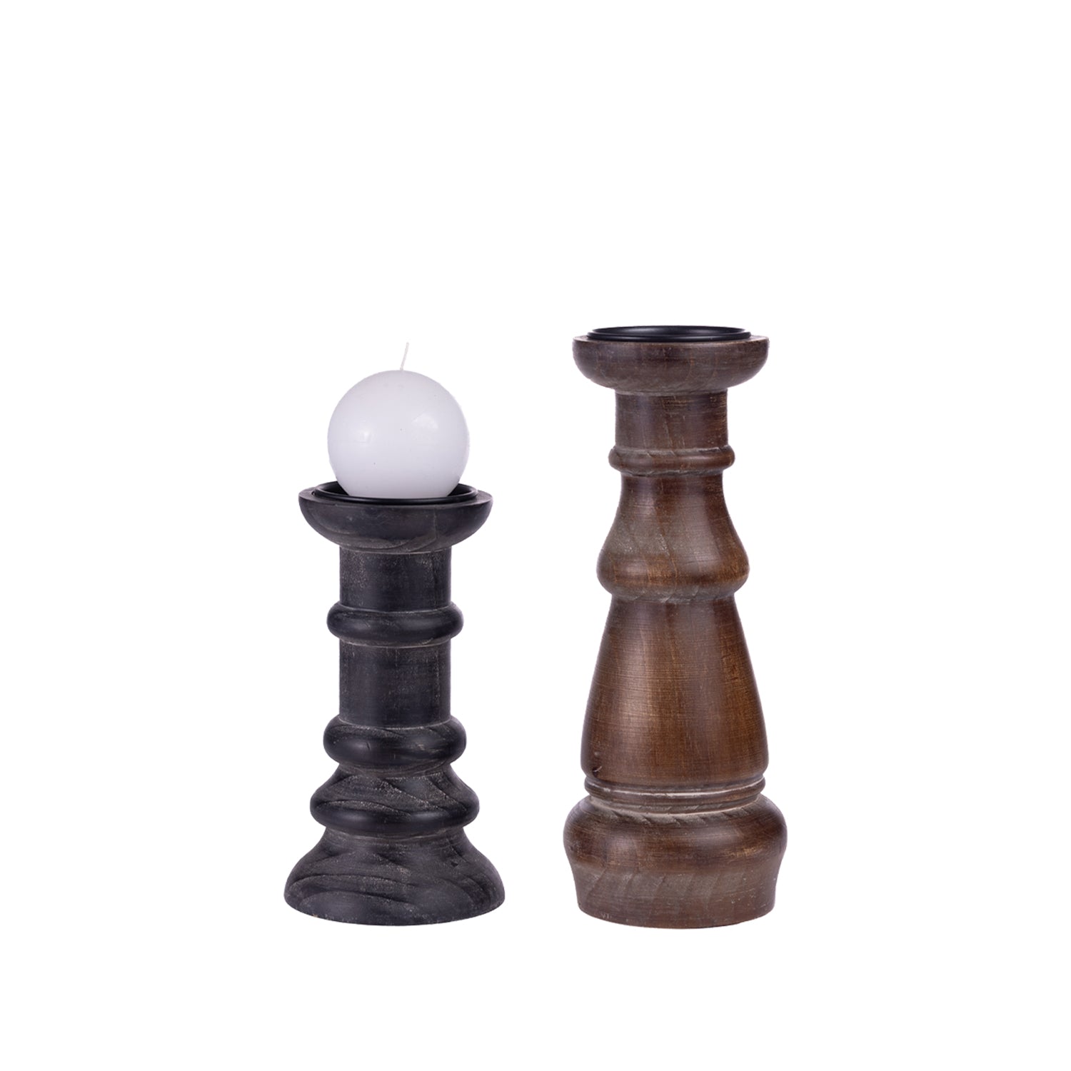 Design Republique Haven Candleholder in Ebony displayed beside the coordinating taller Cocoa candleholder, with a white spherical candle.