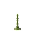 Green decorative candle holder with a glossy finish, turned column design and round base, shown against a white background.