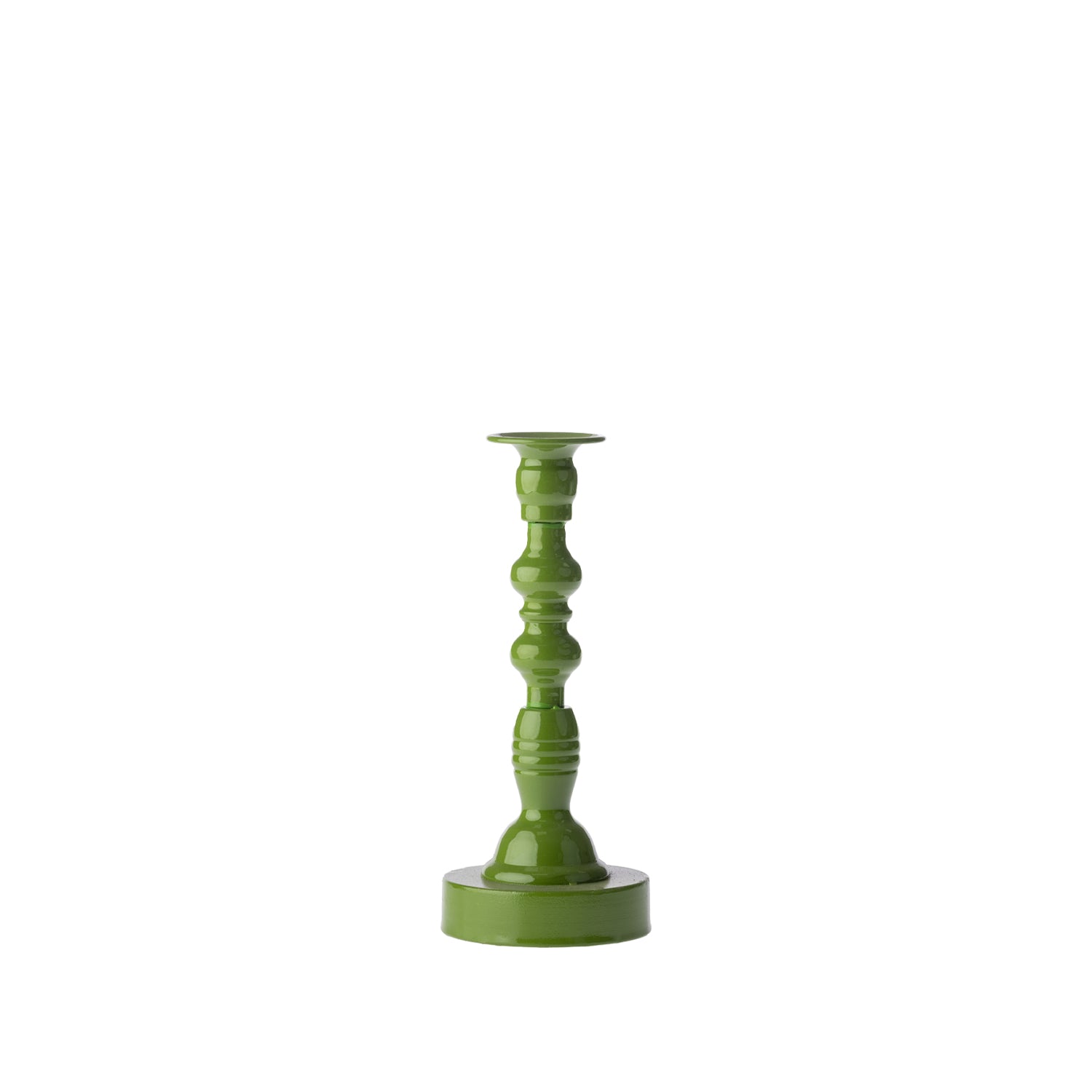 Green decorative candle holder with a glossy finish, turned column design and round base, shown against a white background.