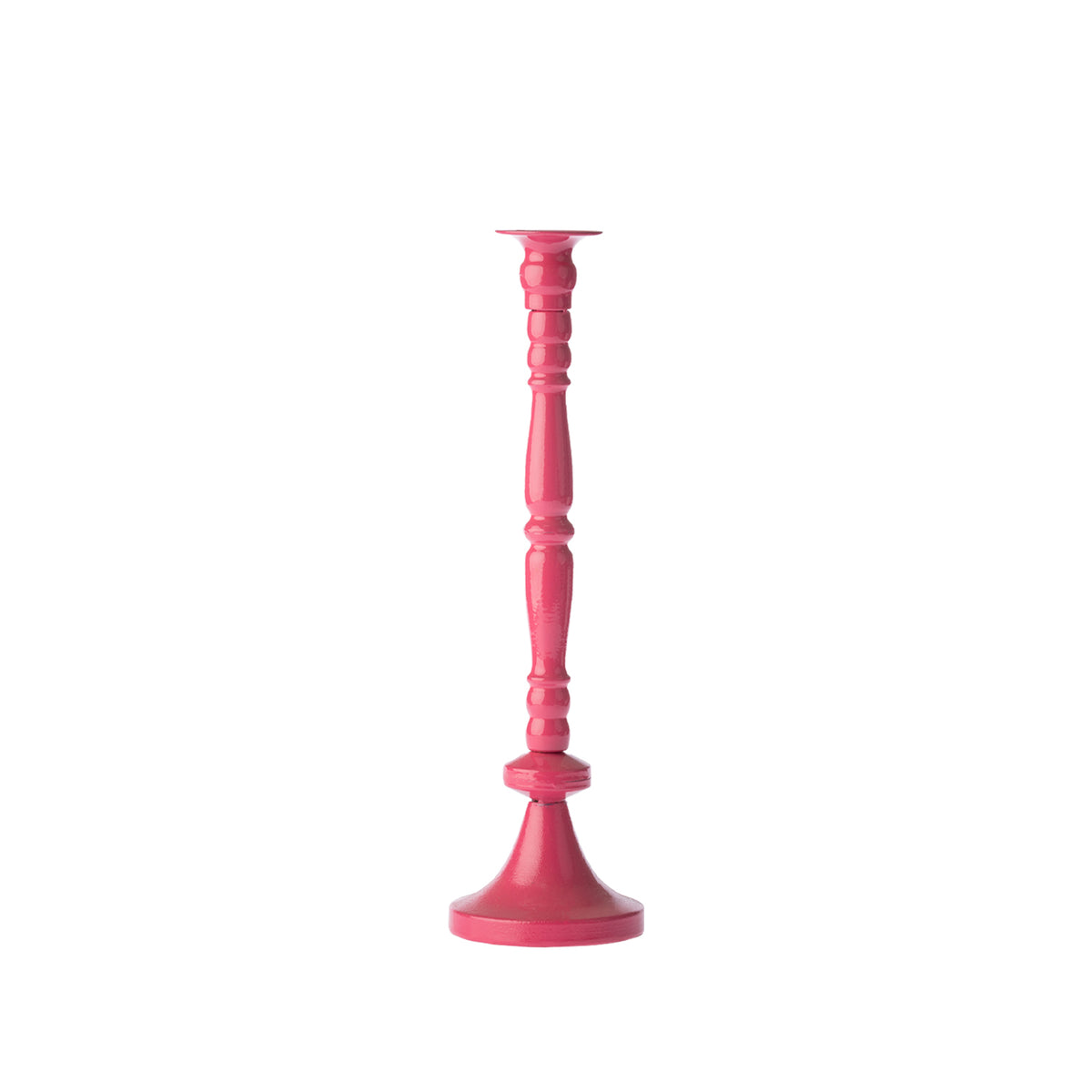 Fuchsia decorative candle holder with a glossy finish, tall turned column design and flared round base, shown against a white background.