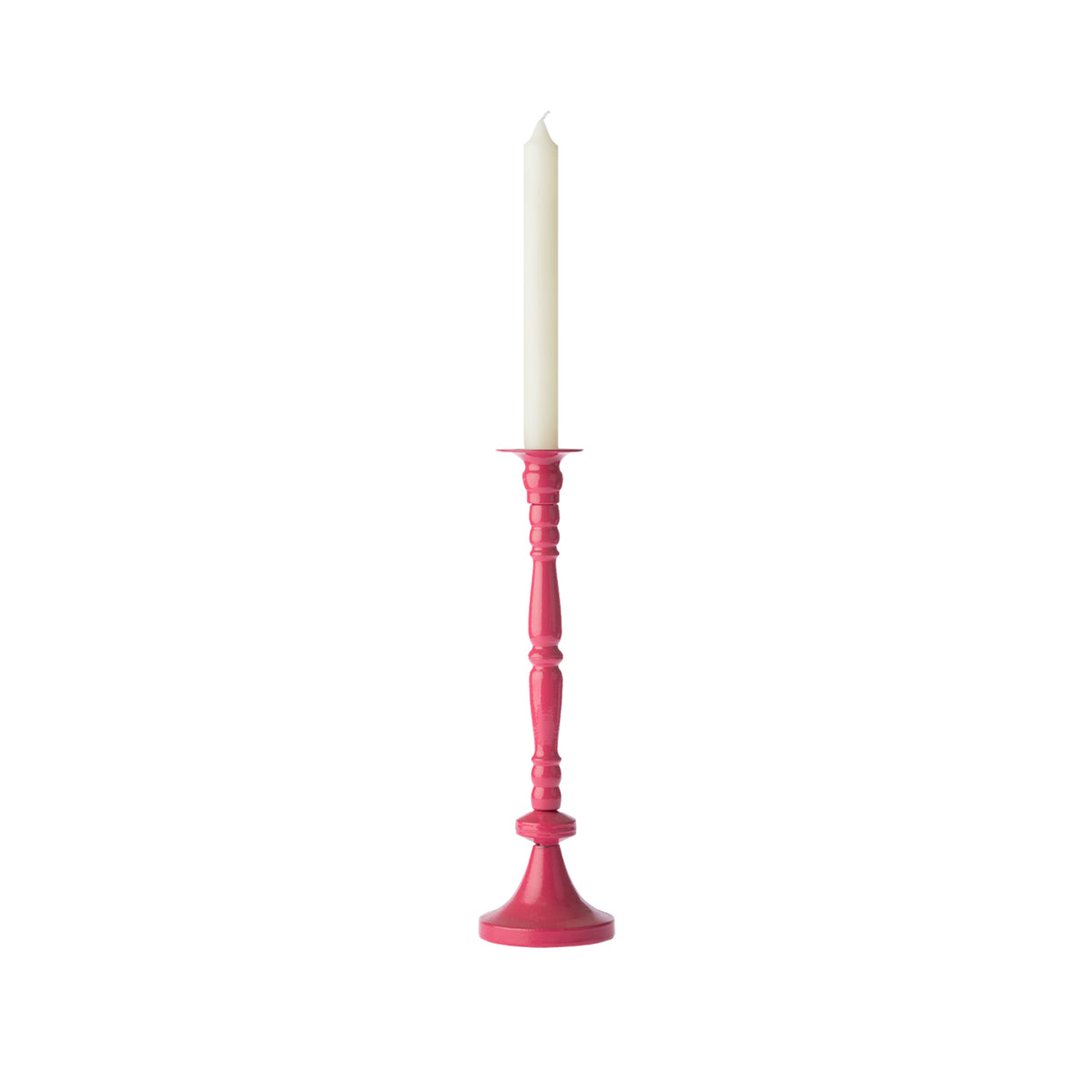 Fuchsia decorative candle holder displayed with a tall white taper candle against a white background.