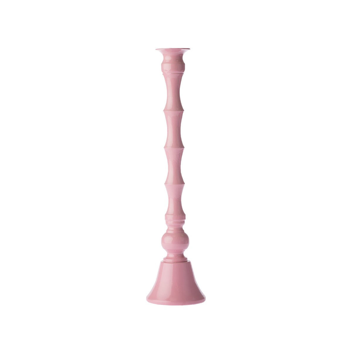Blush pink decorative candle holder with a glossy finish, tall sculpted column design and flared base, shown against a white background.