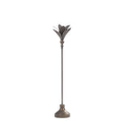 Antique bronze metal candle holder with a tall slender stem, decorative leaf-shaped top and round base.
