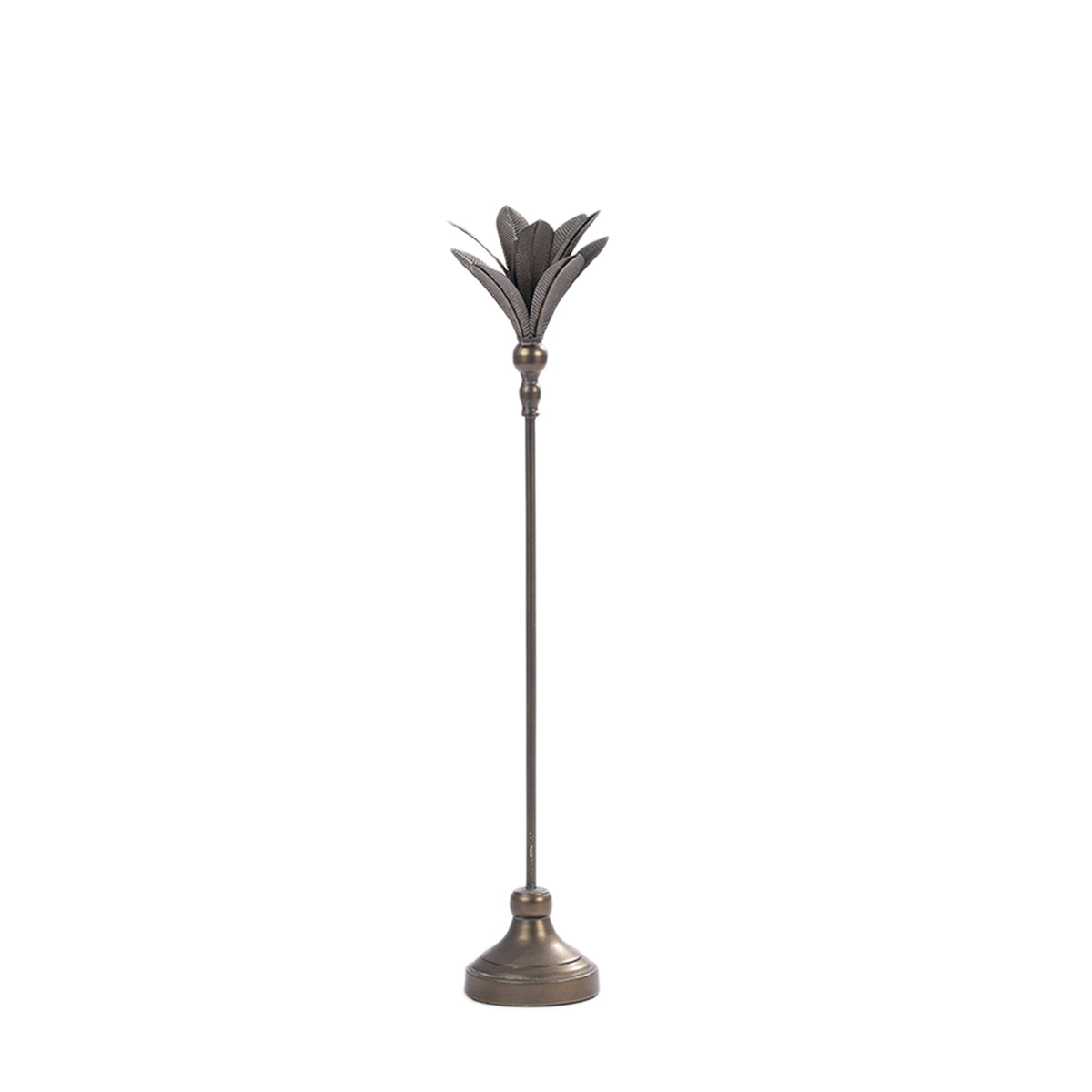 Antique bronze metal candle holder with a tall slender stem, decorative leaf-shaped top and round base.