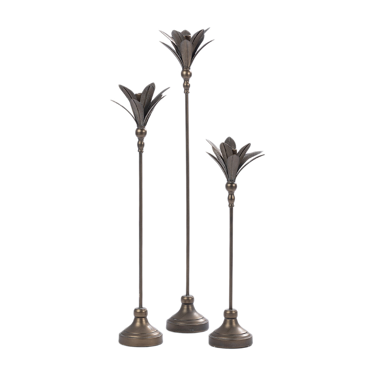 Set of three antique bronze metal candle holders in varying heights with decorative leaf-shaped tops and round bases.