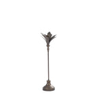 Antique bronze metal candle holder with a tall slender stem, decorative leaf-shaped top and round base.