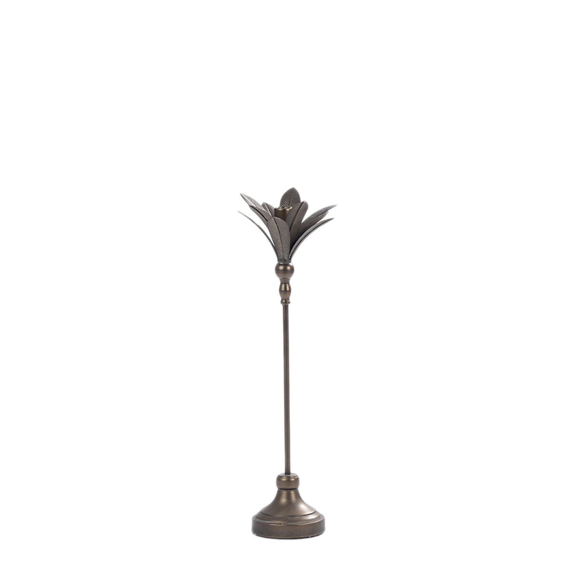 Antique bronze metal candle holder with a tall slender stem, decorative leaf-shaped top and round base.