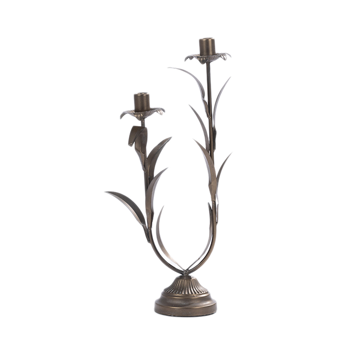 Antique bronze metal two-candle holder with decorative leaf detailing.